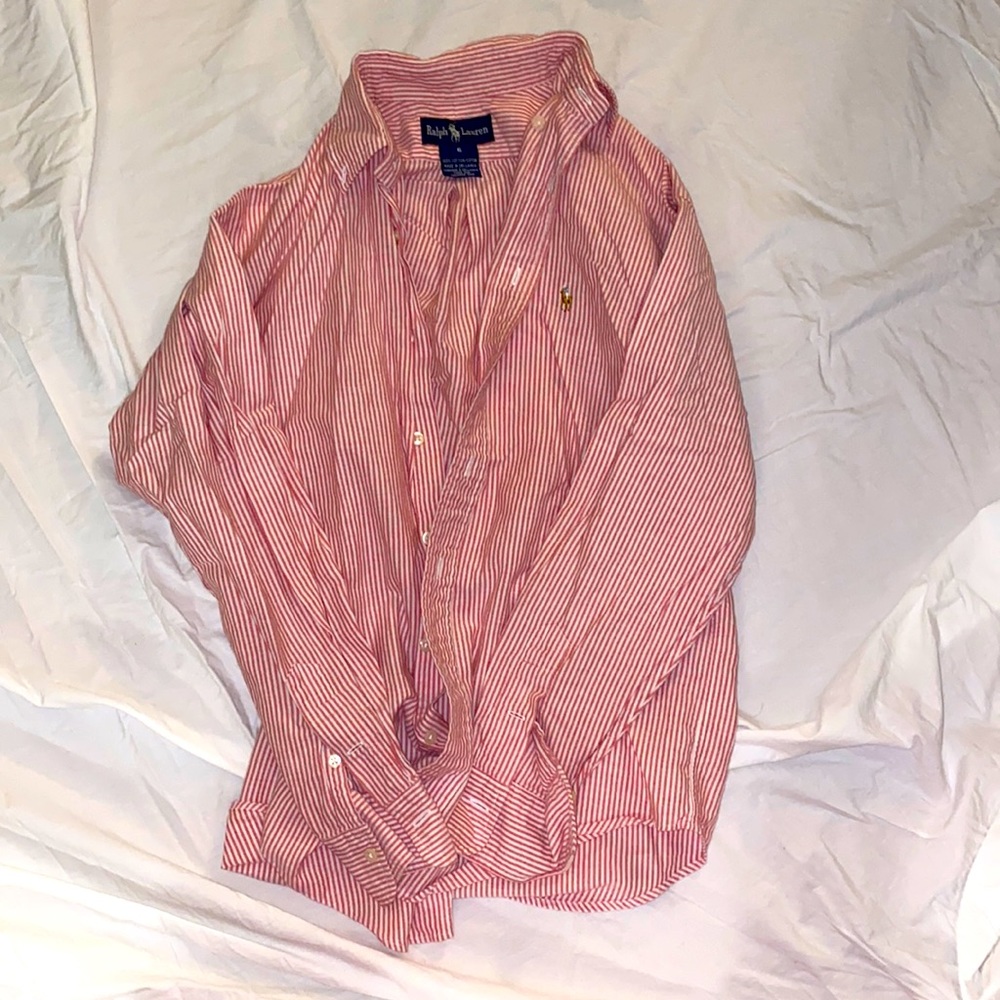 New without tags, women’s Ralph Lauren button-down pink and white stripes.